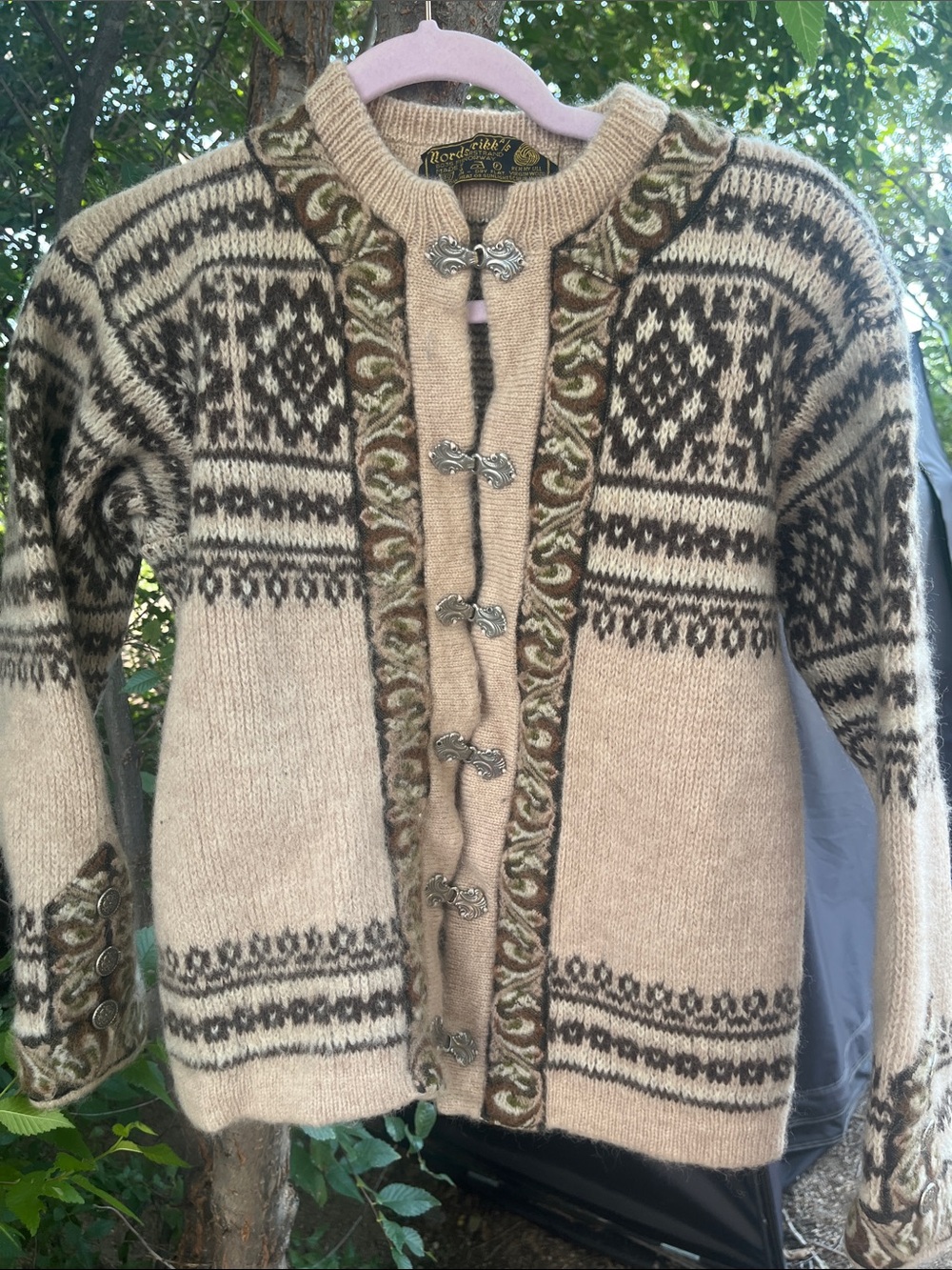Wool-Blend Beige & Brown Nordic-Pattern Cardigan with Decorative hardware